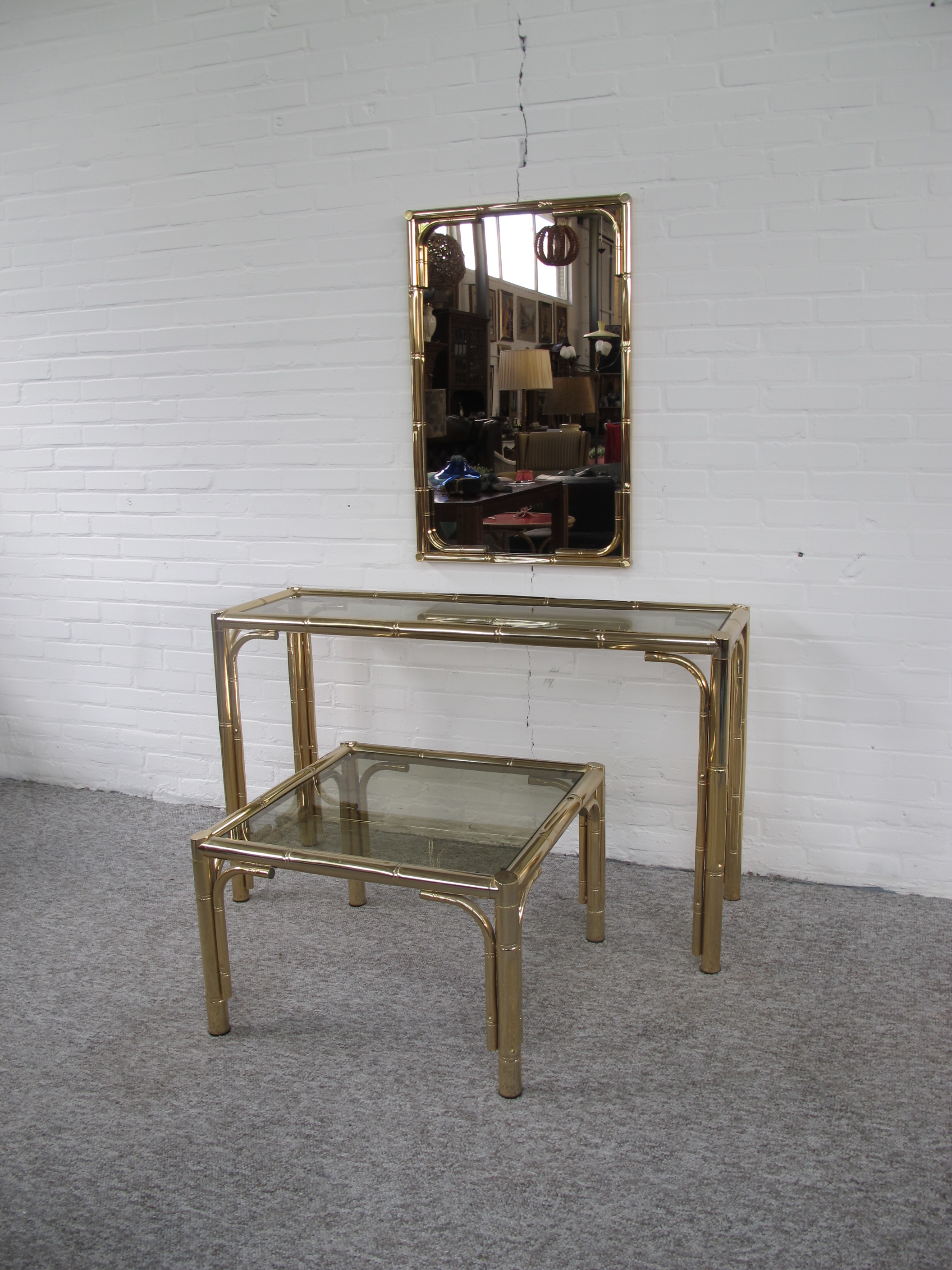 Faux brass Bambo tafels spiegel Maison Jansen midcentury vintage