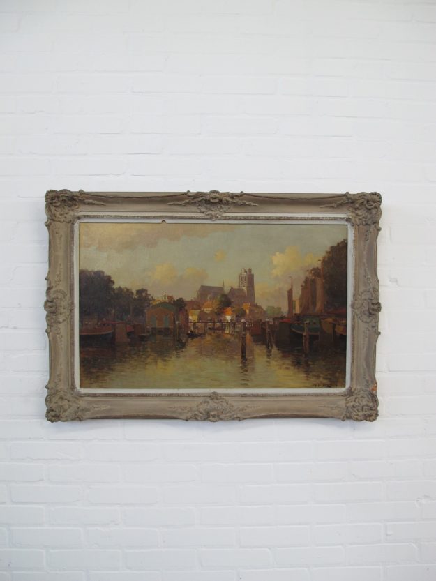Schilderij painting Jan S. Knikker junior cityscape Dordrecht vintage midcentury