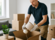 Een verhuizer die voorzichtig een tafellamp in een verhuisdoos inpakt tijdens een complete woningontruiming.