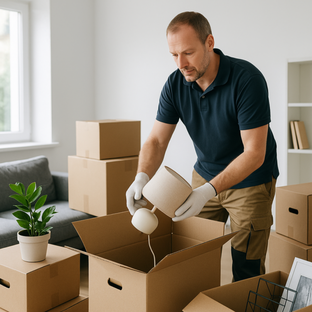 de-voordelen-van-een-complete-woningontruiming Een verhuizer die voorzichtig een tafellamp in een verhuisdoos inpakt tijdens een complete woningontruiming.