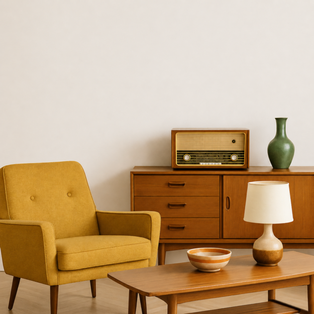 retro-wooninspiratie-haal-de-sfeer-van-de-jaren-50-60-en-70-in-huis Een retro interieur met een mosterdgele fauteuil, houten dressoir met vintage radio, salontafel en tafellamp uit de jaren 50, 60 of 70